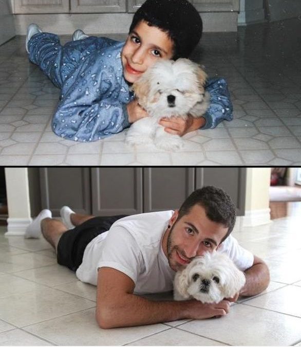 Foto preciosa de un niño con su perro, la foto se repite 10 años después