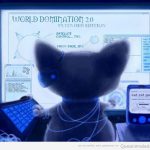 Dibujo gracioso de un gato dominando el mundo por ordenador