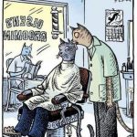 Viñeta graciosa de un gato en la barbería