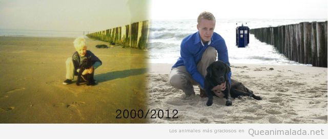 La misma foto de un niño con su perro tomada 12 años después