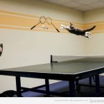 Foto divertida de un gato que salta para coger una pelota de ping pong